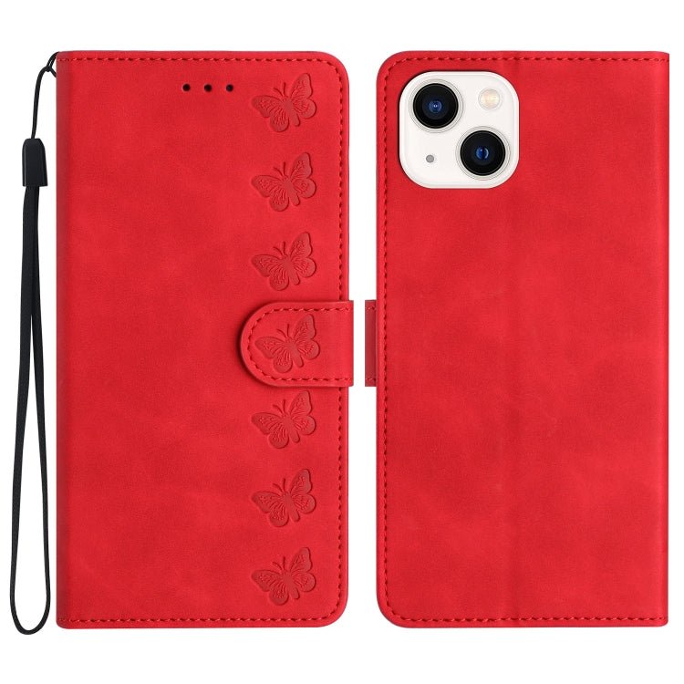 iPhone 14/15/16 Series Seven Butterflies Embossed Leather Phone Case
