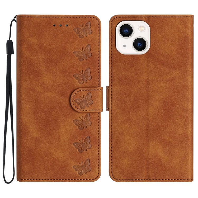 iPhone 14/15/16 Series Seven Butterflies Embossed Leather Phone Case