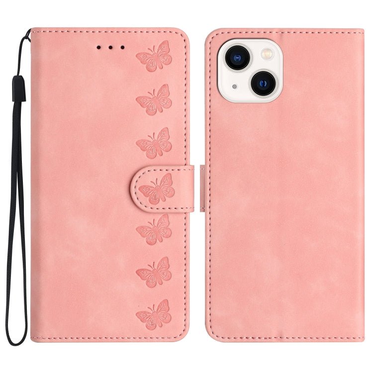 iPhone 14/15/16 Series Seven Butterflies Embossed Leather Phone Case
