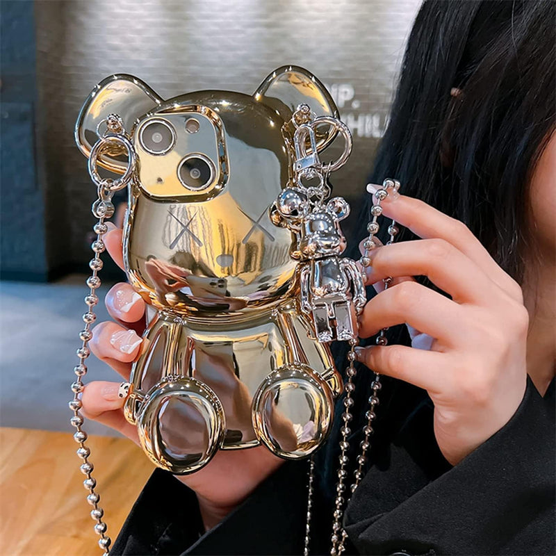 iPhone 15 Plus 6.7'', 3D Cartoon case Gold Teddy Bear Sparkle Bling Cover - Gorilla Cases