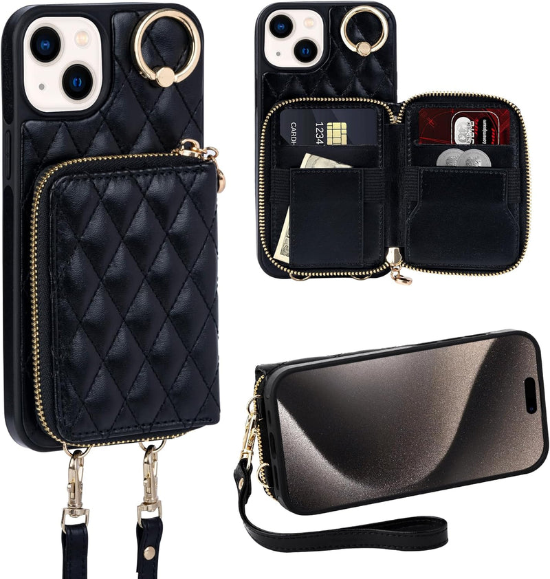 iPhone 15 Plus 6.7'' Wallet Case Crossbody Zipper Purse RFID Blocking Card Holders - Gorilla Cases