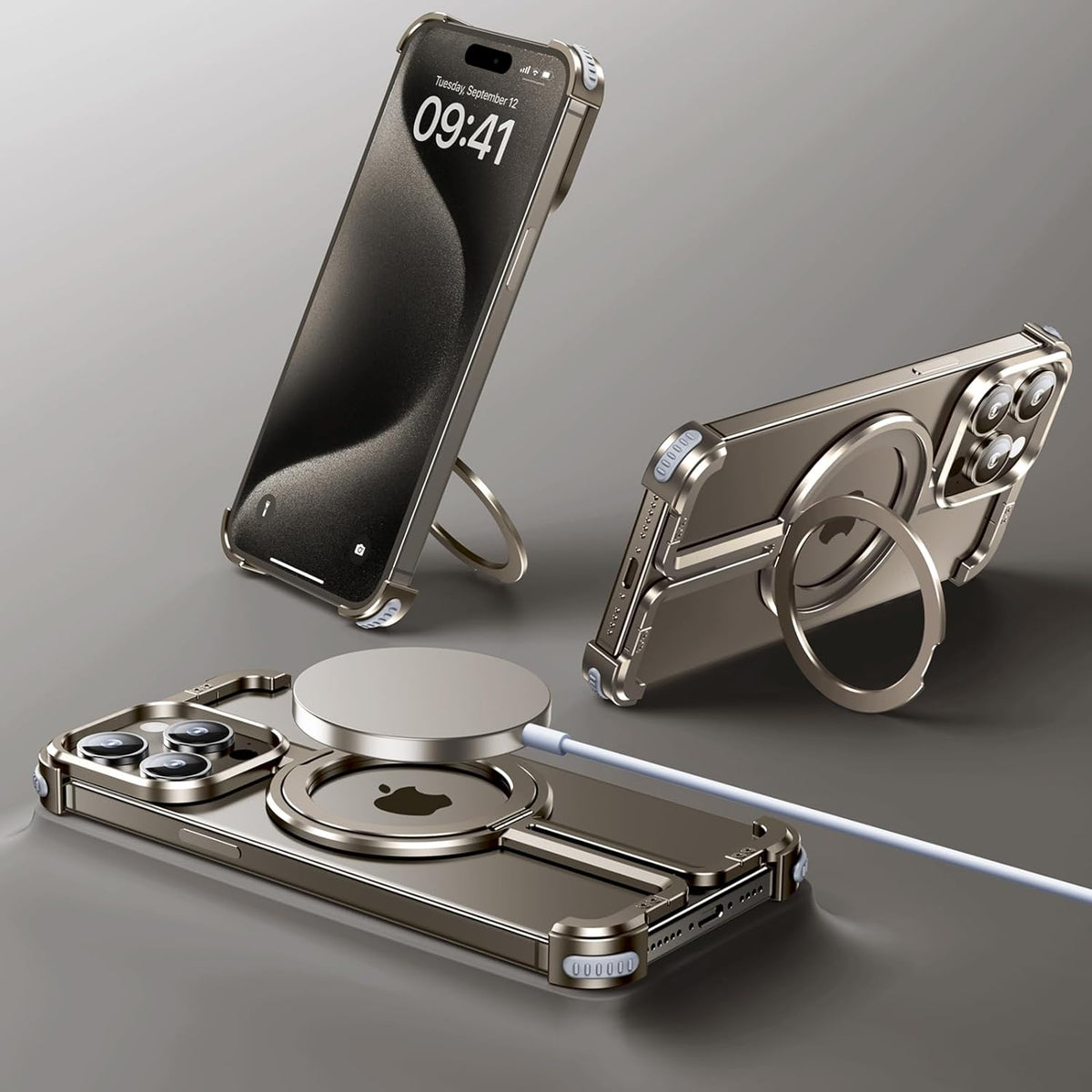 iPhone 15 Plus Titanium Bumper Case + Hidden Stand