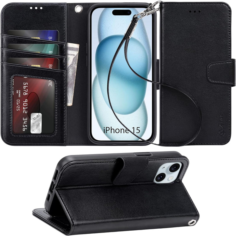 iPhone 15 Plus Case Card Holder Wrist Strap Wallet Flip Cover - Gorilla Cases