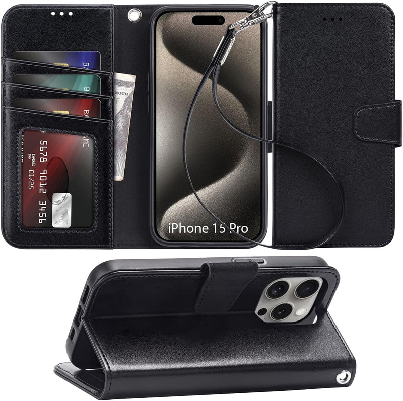 iPhone 15 Plus Case Card Holder Wrist Strap Wallet Flip Cover - Gorilla Cases