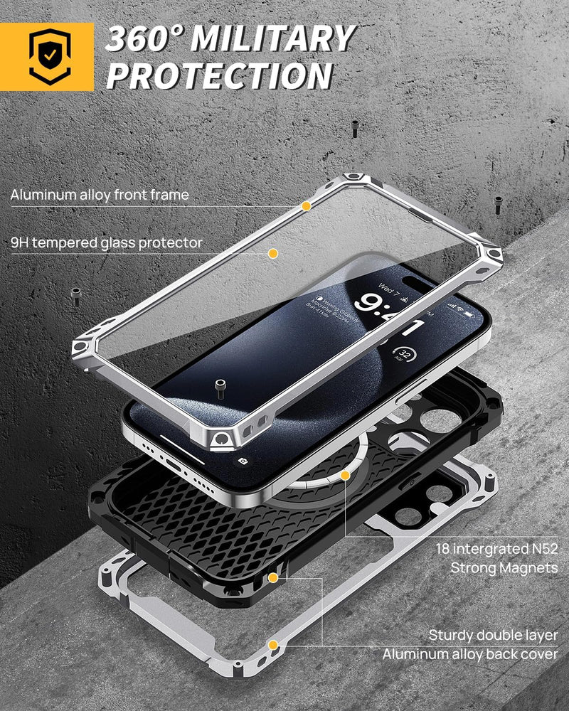 iPhone 15 Pro Metal Case Full Body Military Rugged Shockproof Magnetic Cover - Gorilla Cases