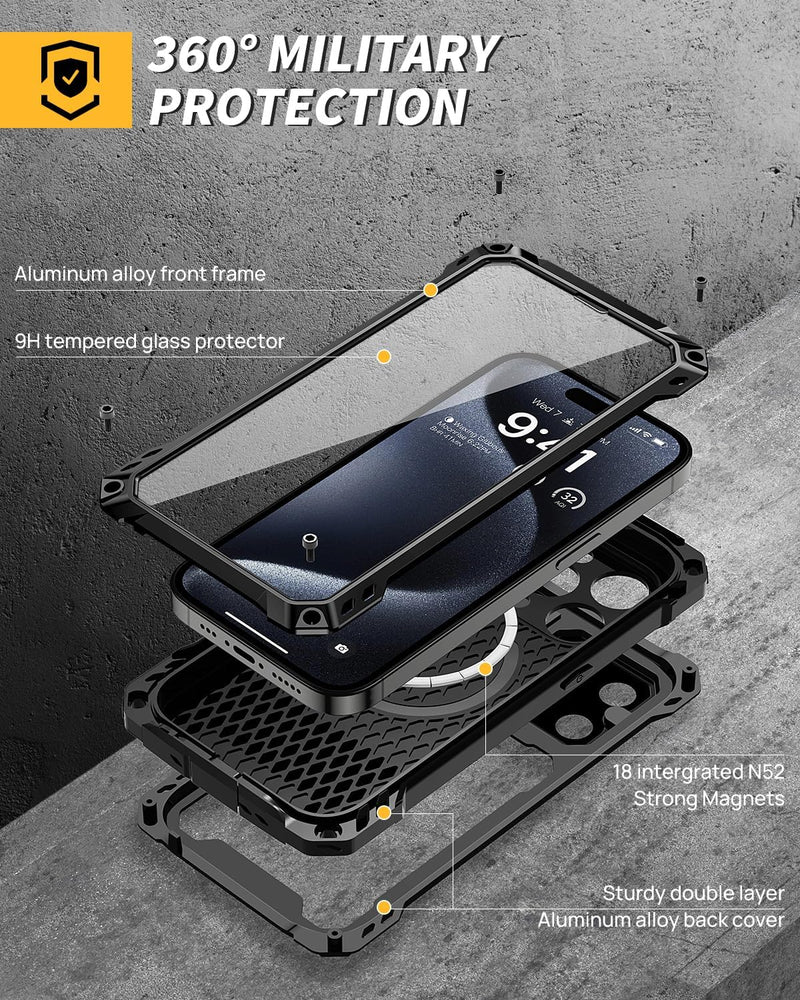 iPhone 15 Pro Metal Case Protective Heavy Duty Full Body Military Shockproof Magnetic Cover - Gorilla Cases