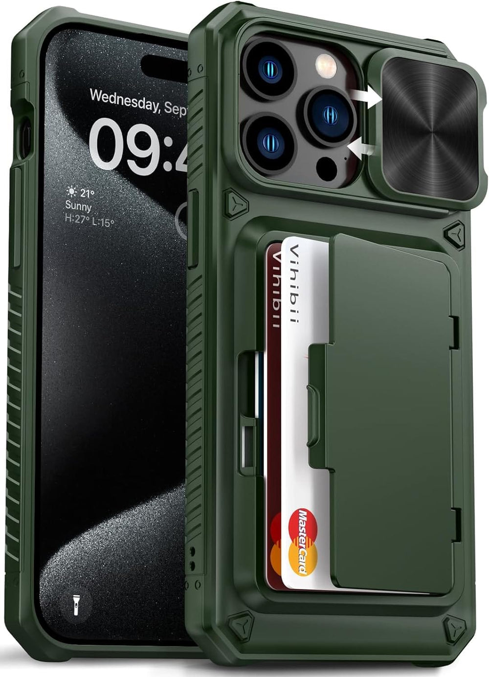 iPhone 15 Pro Wallet Case with Slide Card Holder and Camera Lens Prote