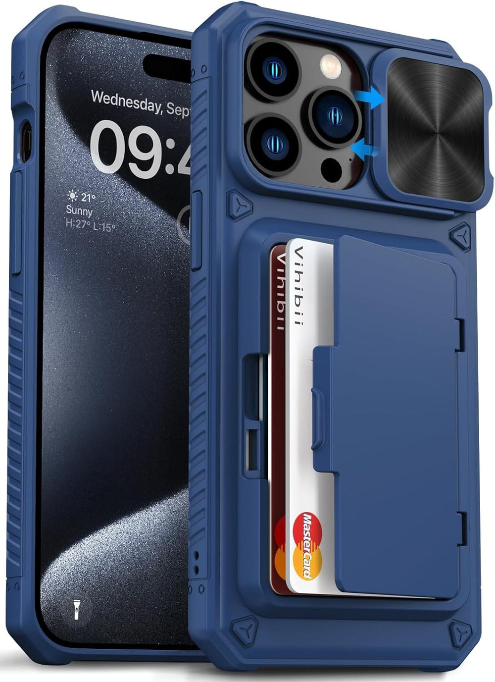 iPhone 15 Pro Wallet Case with Slide Card Holder and Camera Lens Prote