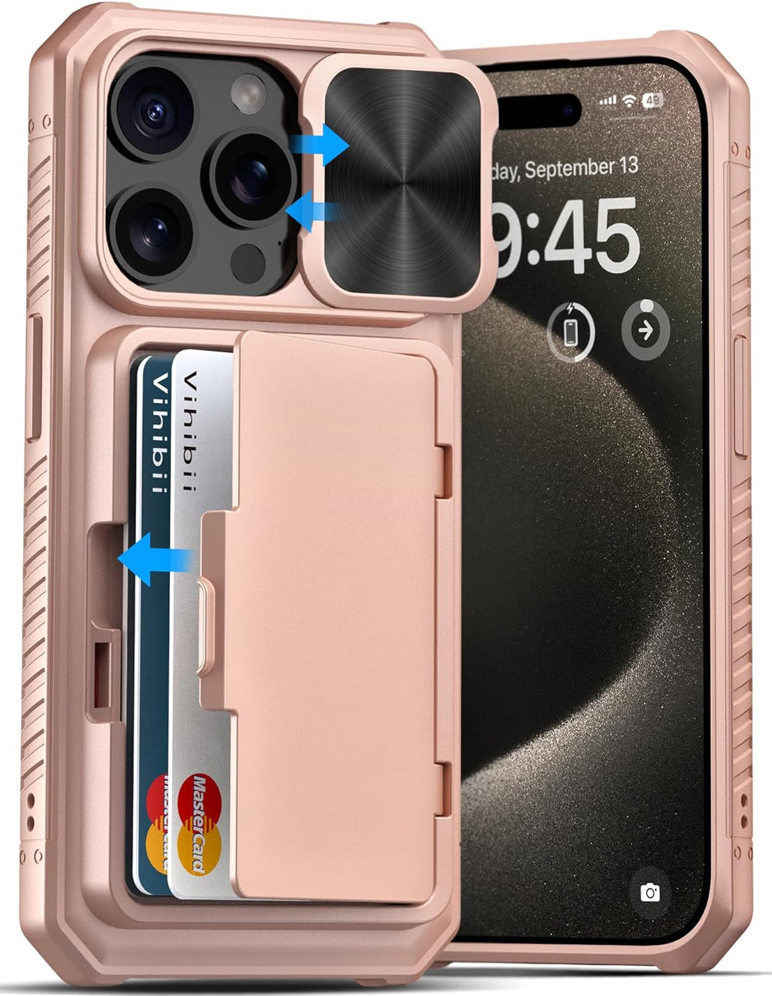 iPhone 15 Pro Wallet Case with Slide Card Holder and Camera Lens Prote
