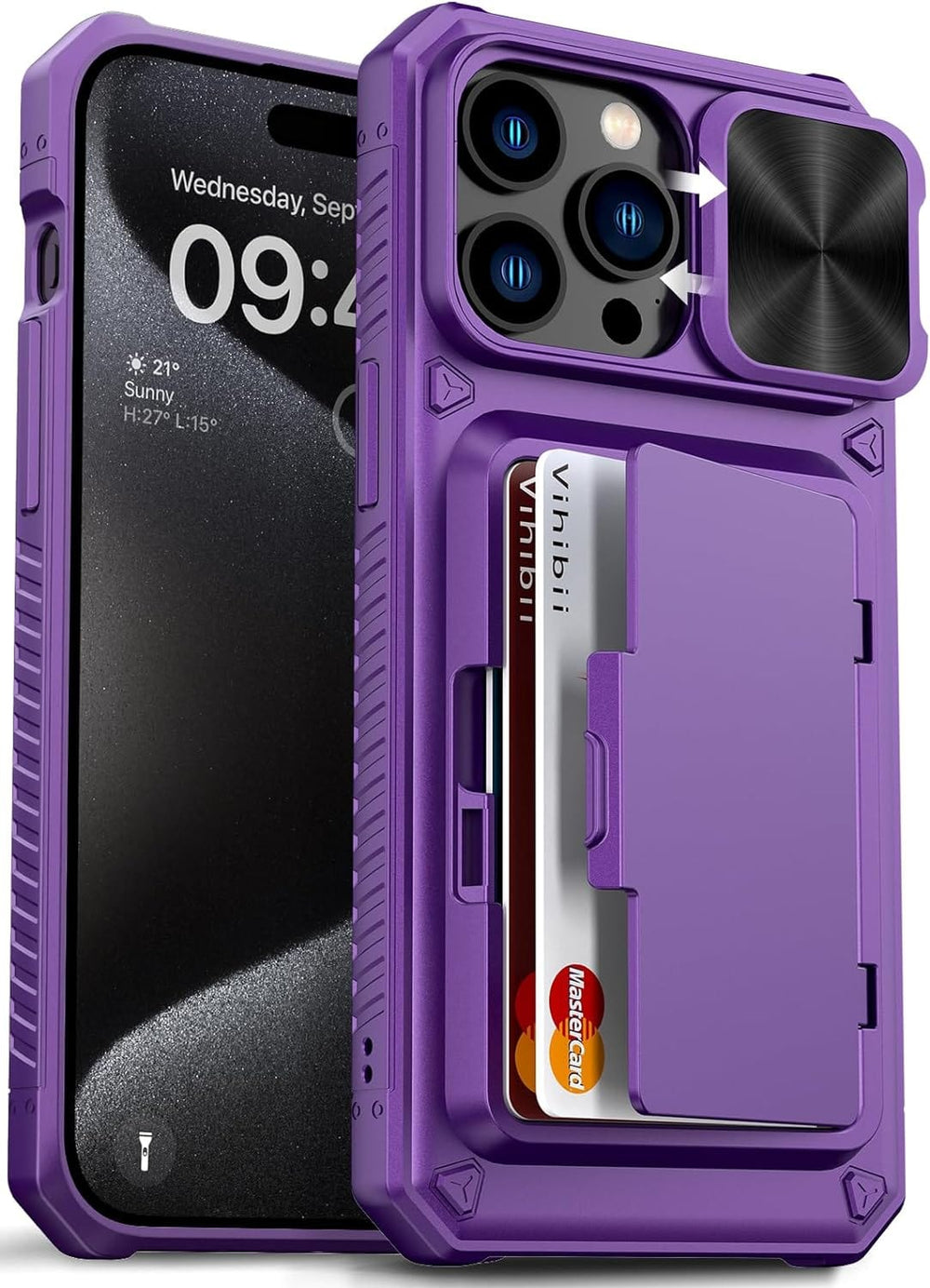 iPhone 15 Pro Wallet Case with Slide Card Holder and Camera Lens Prote