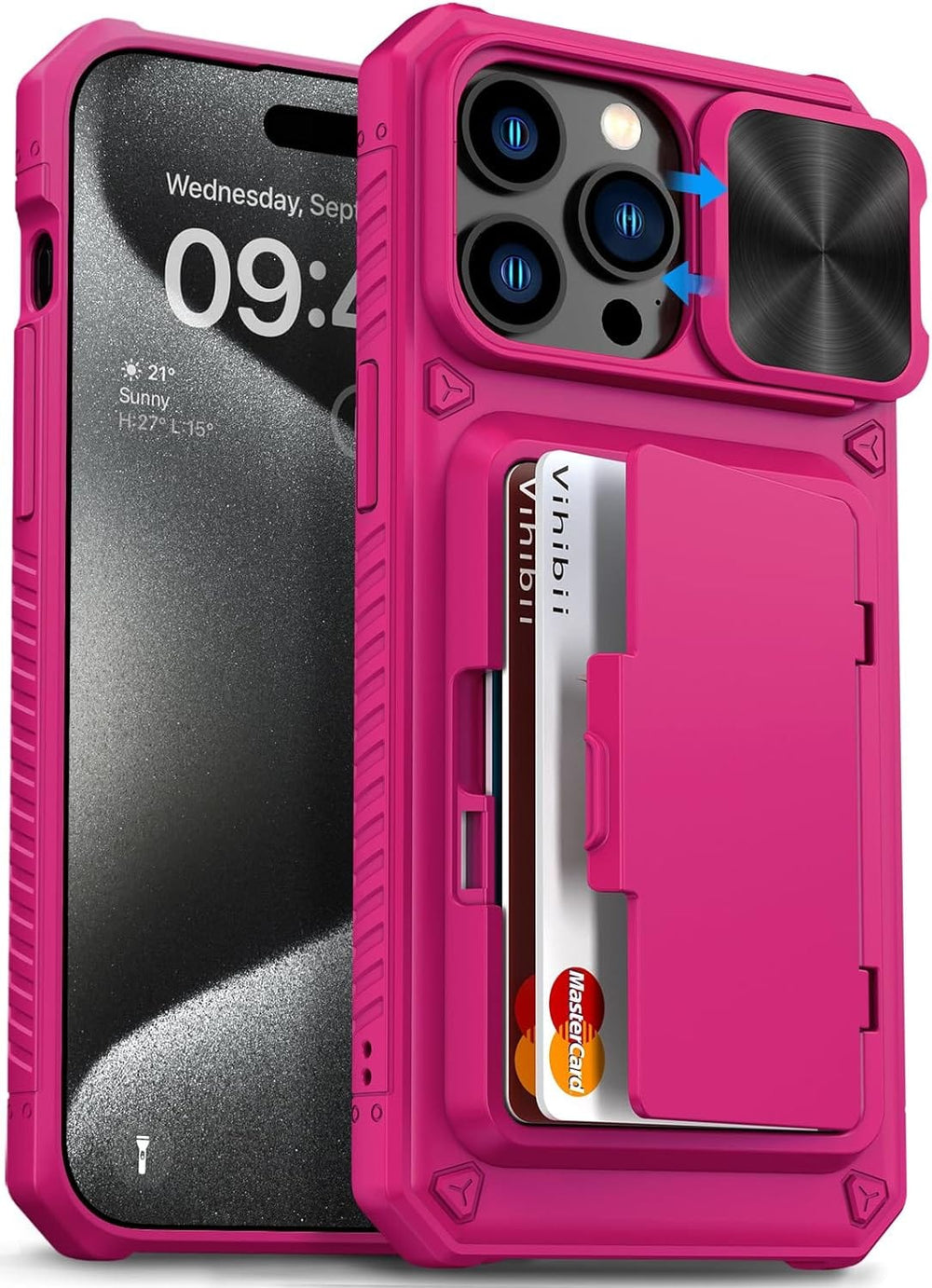 iPhone 15 Pro Wallet Case with Slide Card Holder and Camera Lens Prote