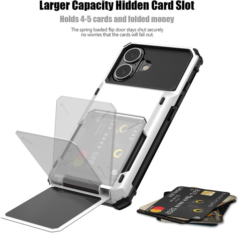 iPhone 16 Case Holder Store 5 Cards Dual Layer Heavy Duty Shockproof Wallet Case Hidden Card Slot Large Storage Cover - Gorilla Cases