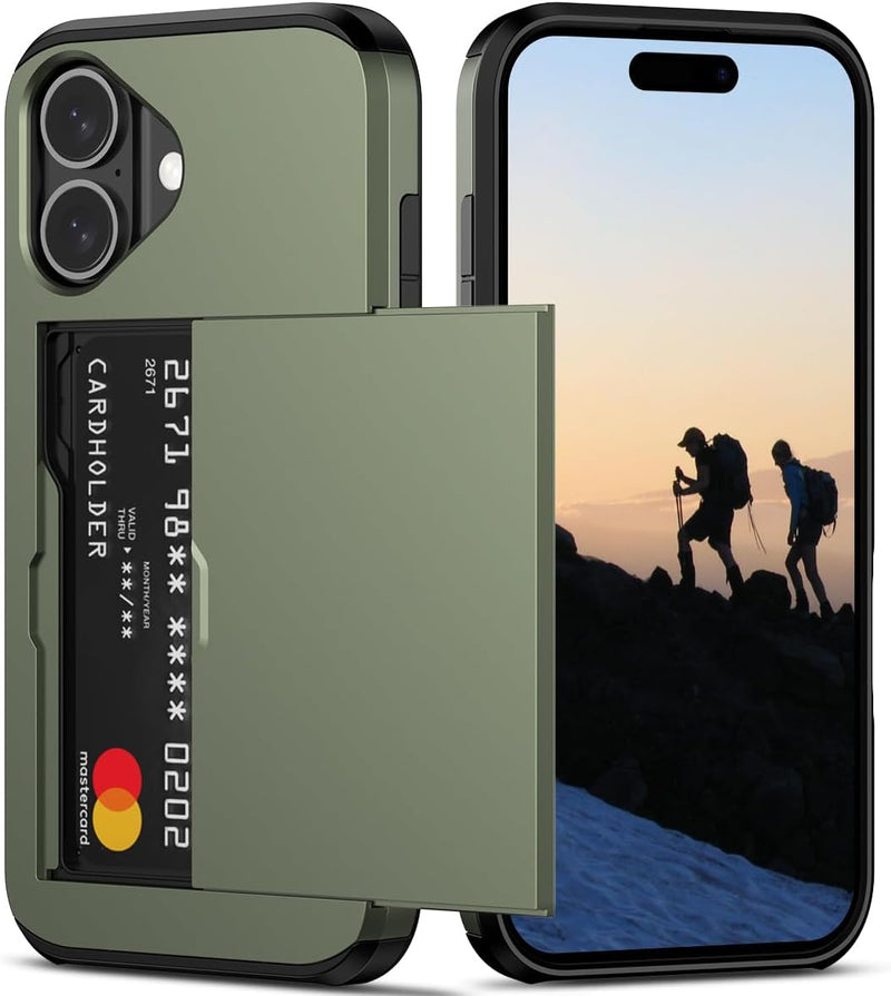 iPhone 16 Case Holder Store 5 Cards Dual Layer Heavy Duty Shockproof Wallet Case Hidden Card Slot Large Storage Cover - Gorilla Cases