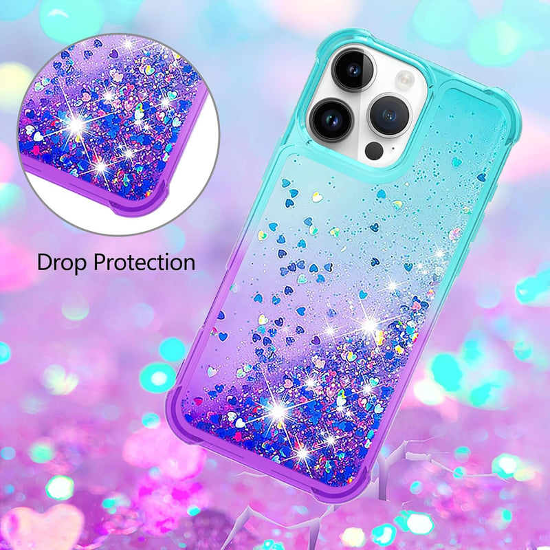 iPhone 16 Pro 6.3", Glitter Liquid Cute Clear Phone Case Protective Bumper Soft TPU Case Purple Blue YB - Gorilla Cases