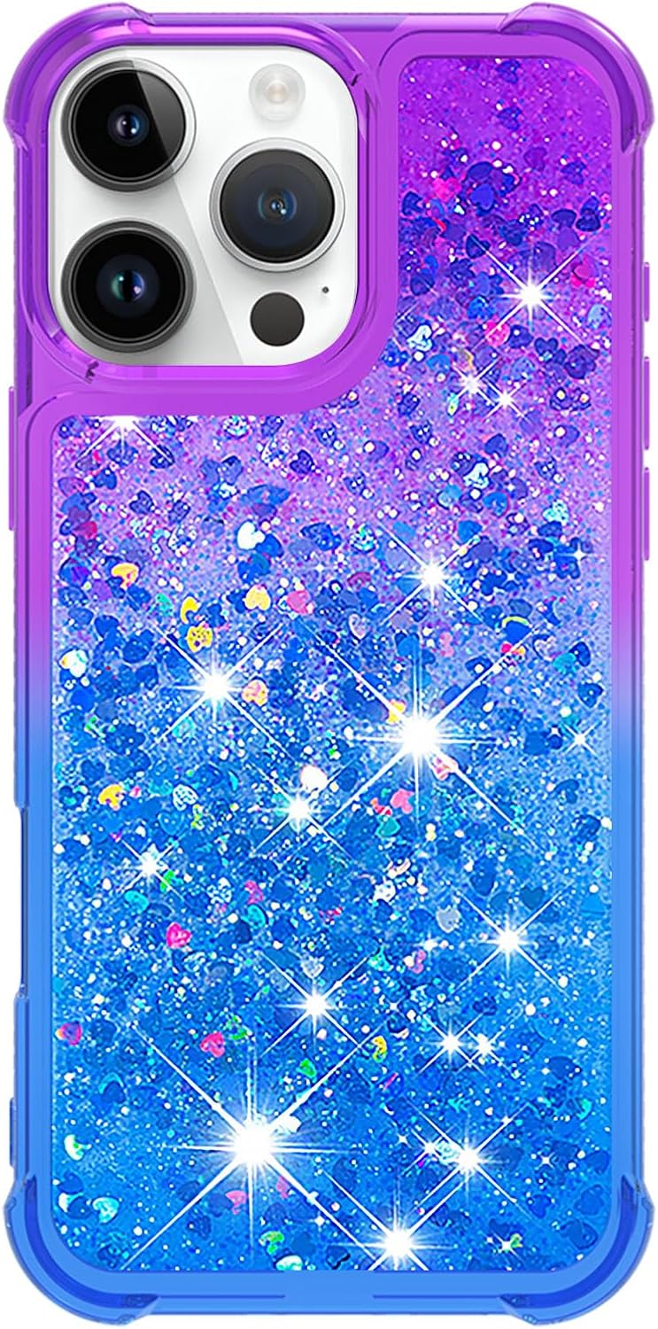 iPhone 16 Pro 6.3", Glitter Liquid Cute Clear Phone Case Protective Bumper Soft TPU Case Purple Blue YB - Gorilla Cases