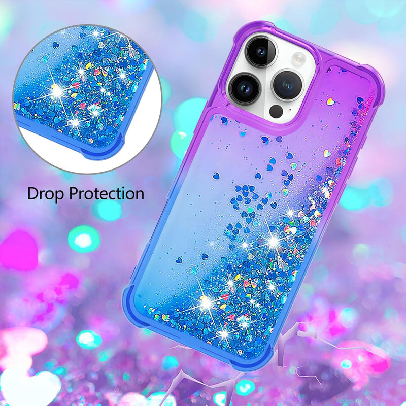 iPhone 16 Pro 6.3", Glitter Liquid Cute Clear Phone Case Protective Bumper Soft TPU Case Purple Blue YB - Gorilla Cases