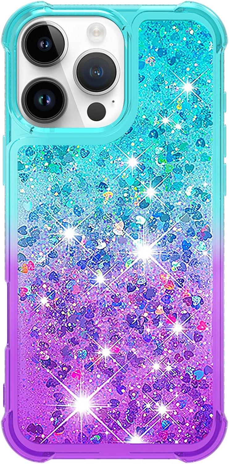 iPhone 16 Pro 6.3", Glitter Liquid Cute Clear Phone Case Protective Bumper Soft TPU Case Purple Blue YB - Gorilla Cases