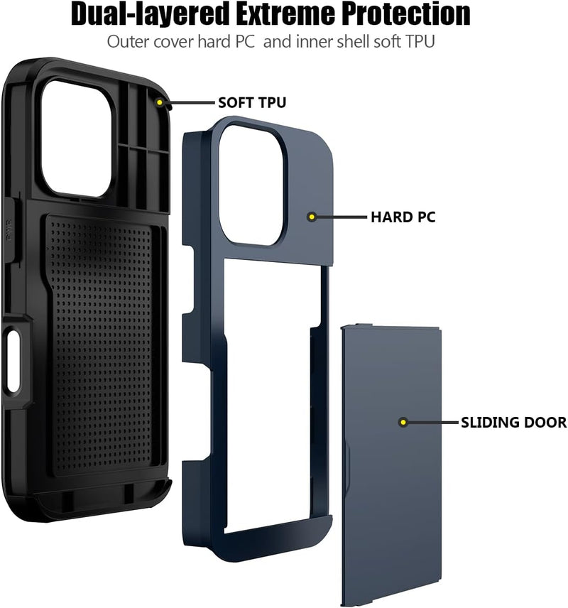 iPhone 16 Pro Case Card Holder Dual Layer Heavy Duty Protective Shockproof Hidden Card Slot Slim - Gorilla Cases