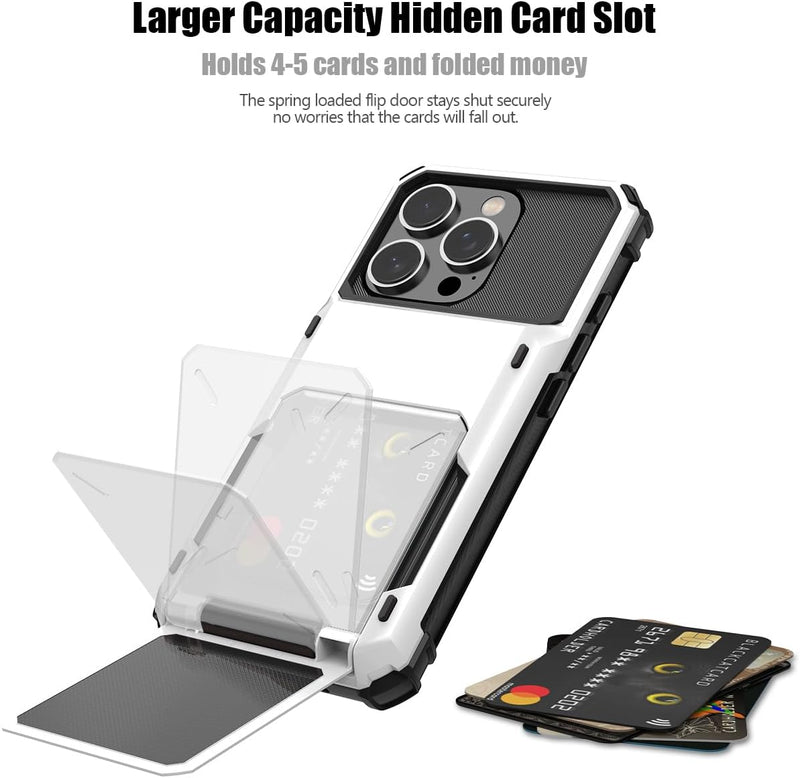 iPhone 16 Pro Case Card Holder Heavy Duty Dual Layer Shockproof Wallet Case with Hidden Card Slot Large Storage Cover White - Gorilla Cases