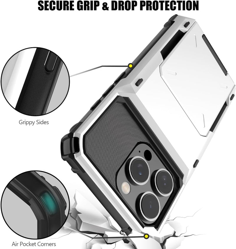 iPhone 16 Pro Case Card Holder Heavy Duty Dual Layer Shockproof Wallet Case with Hidden Card Slot Large Storage Cover White - Gorilla Cases