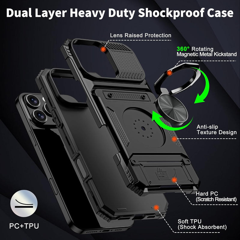 iPhone 16 Pro Case Holder Rotated Ring Stand Dual Layer Heavy Duty Drop Protection Wallet - Gorilla Cases