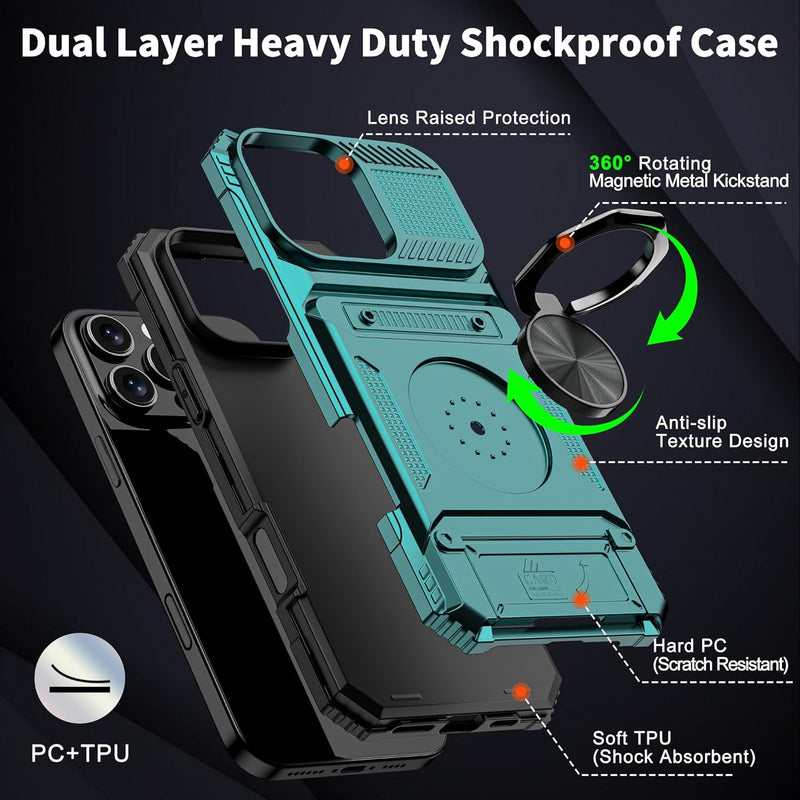 iPhone 16 Pro Case Holder Rotated Ring Stand Dual Layer Heavy Duty Drop Protection Wallet - Gorilla Cases