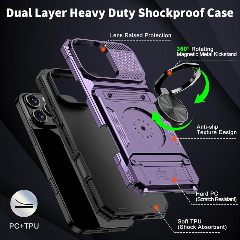 iPhone 16 Pro Case Holder Rotated Ring Stand Dual Layer Heavy Duty Drop Protection Wallet - Gorilla Cases