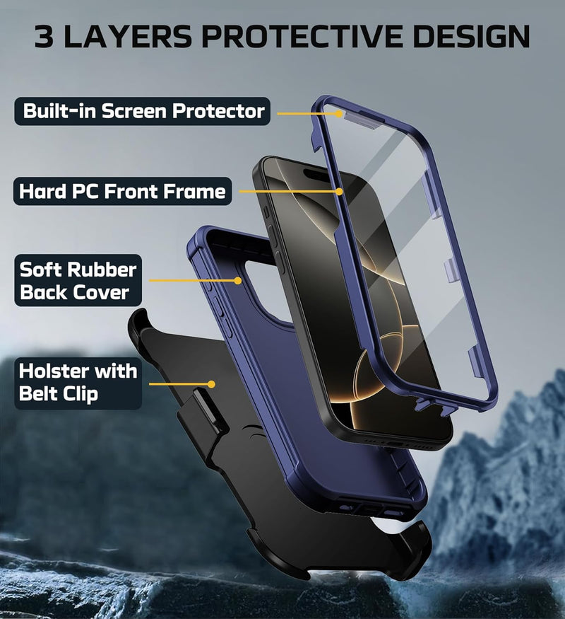 iPhone 16 Pro Case Military Drop Protection Cover Heavy Duty Rugged Shockproof Phone Case for iPhone 16 Pro with Kickstand & Belt Clip Holster 6.3 inch Black - Gorilla Cases