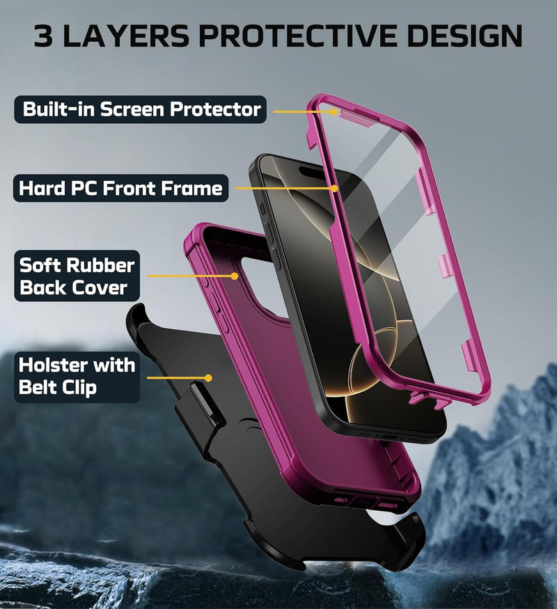 iPhone 16 Pro Case Military Drop Protection Cover Heavy Duty Rugged Shockproof Phone Case for iPhone 16 Pro with Kickstand & Belt Clip Holster 6.3 inch Black - Gorilla Cases