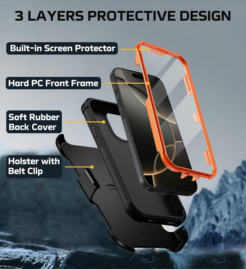 iPhone 16 Pro Case Military Drop Protection Cover Heavy Duty Rugged Shockproof Phone Case for iPhone 16 Pro with Kickstand & Belt Clip Holster 6.3 inch Black - Gorilla Cases