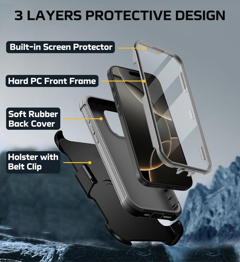 iPhone 16 Pro Case Military Drop Protection Cover Heavy Duty Rugged Shockproof Phone Case for iPhone 16 Pro with Kickstand & Belt Clip Holster 6.3 inch Black - Gorilla Cases