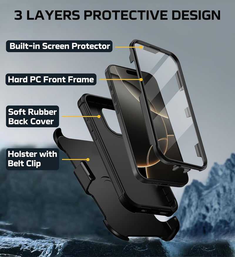 iPhone 16 Pro Case Military Drop Protection Cover Heavy Duty Rugged Shockproof Phone Case for iPhone 16 Pro with Kickstand & Belt Clip Holster 6.3 inch Black - Gorilla Cases