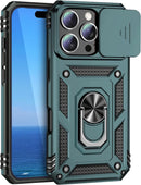 iPhone 16 Pro Case Slide Lens Cover & Built - in 360° Rotate Ring Stand Magnetic Case Black