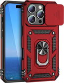 iPhone 16 Pro Case Slide Lens Cover & Built - in 360° Rotate Ring Stand Magnetic Case Black