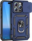 iPhone 16 Pro Case Slide Lens Cover & Built - in 360° Rotate Ring Stand Magnetic Case Black