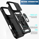 iPhone 16 Pro Case Slide Lens Cover & Built - in 360° Rotate Ring Stand Magnetic Case Black