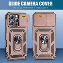 iPhone 16 Pro Case Slide Lens Cover & Built - in 360° Rotate Ring Stand Magnetic Case Black