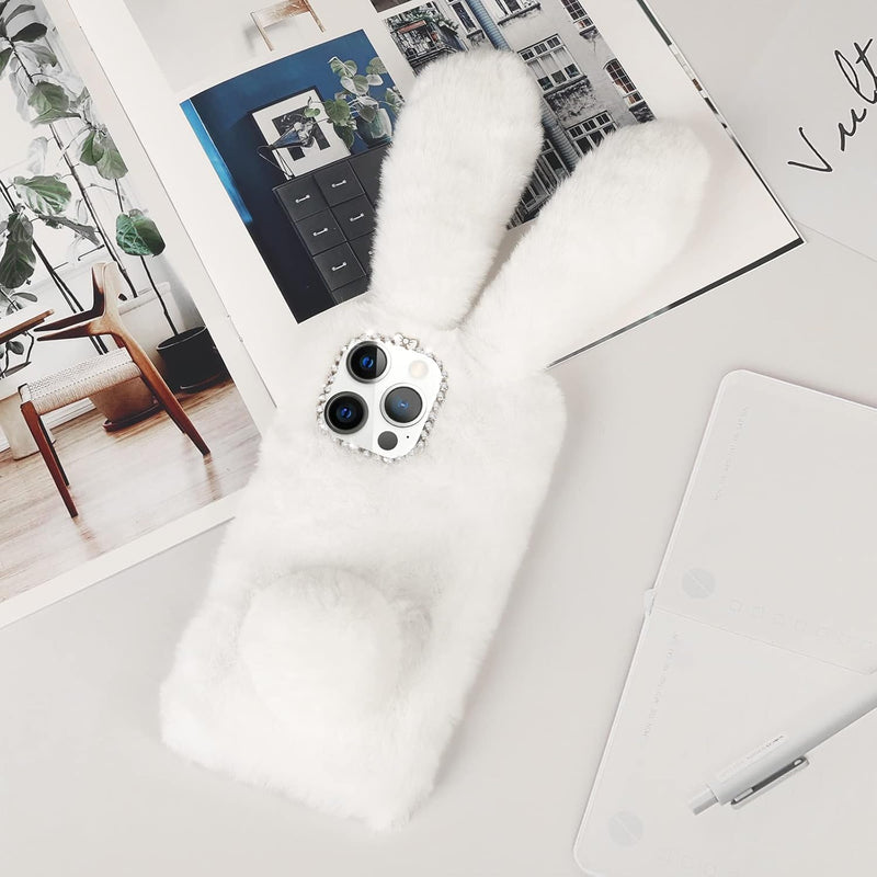 iPhone 16 Pro Max Rabbit Case Soft Fluffy Furry Cute Bunny Plush Rabbit Cover Warm Big Ear Bling Crystal Ultra Thin Case - Gorilla Cases