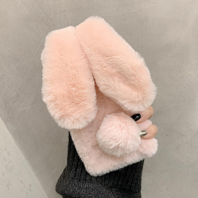 iPhone 16 Pro Max Rabbit Case Soft Fluffy Furry Cute Bunny Plush Rabbit Cover Warm Big Ear Bling Crystal Ultra Thin Case - Gorilla Cases