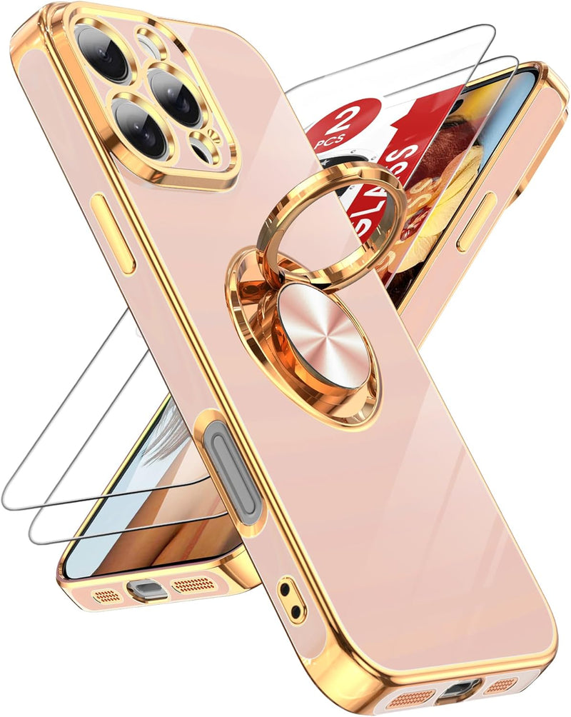 iPhone 16 Pro Phone Case 2 Pack Tempered Protector 360° Rotatable Ring Plating Rose Gold Edge Protective - Gorilla Cases