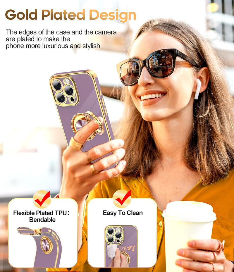 iPhone 16 Pro Phone Case 2 Pack Tempered Protector 360° Rotatable Ring Plating Rose Gold Edge Protective - Gorilla Cases