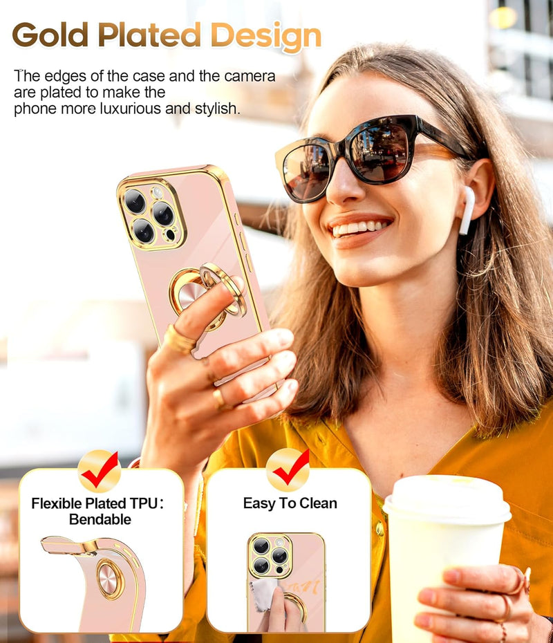 iPhone 16 Pro Phone Case 2 Pack Tempered Protector 360° Rotatable Ring Plating Rose Gold Edge Protective - Gorilla Cases