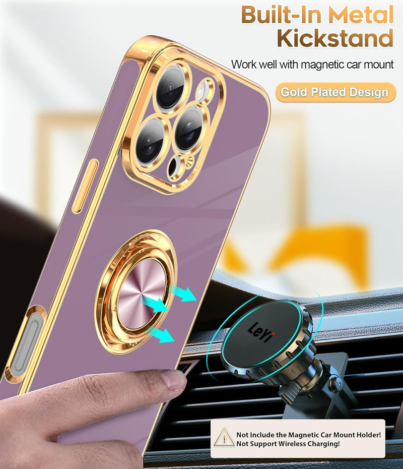 iPhone 16 Pro Phone Case 2 Pack Tempered Protector 360° Rotatable Ring Plating Rose Gold Edge Protective - Gorilla Cases