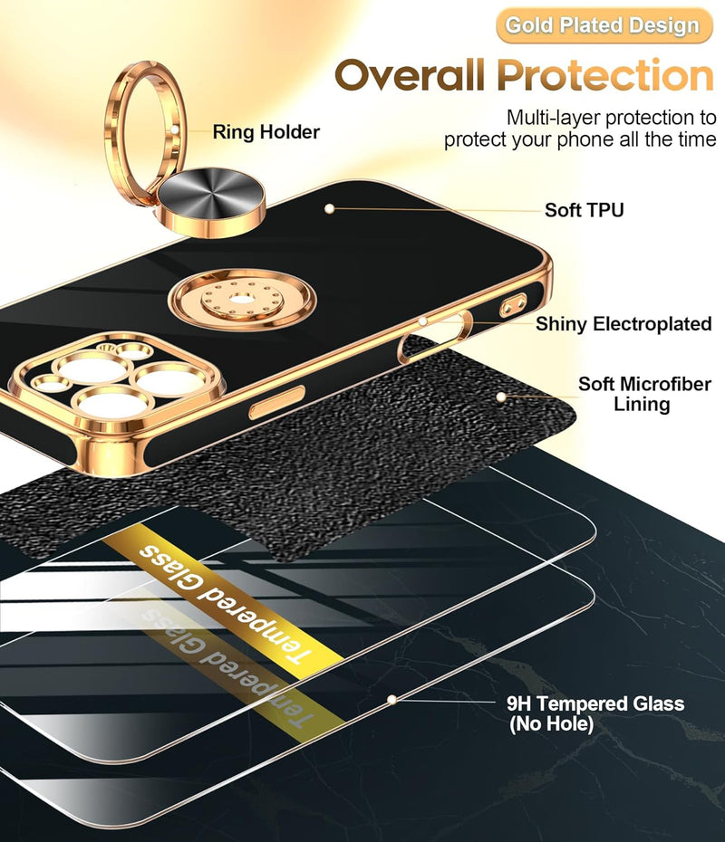 iPhone 16 Pro Phone Case 2 Pack Tempered Protector 360° Rotatable Ring Plating Rose Gold Edge Protective - Gorilla Cases