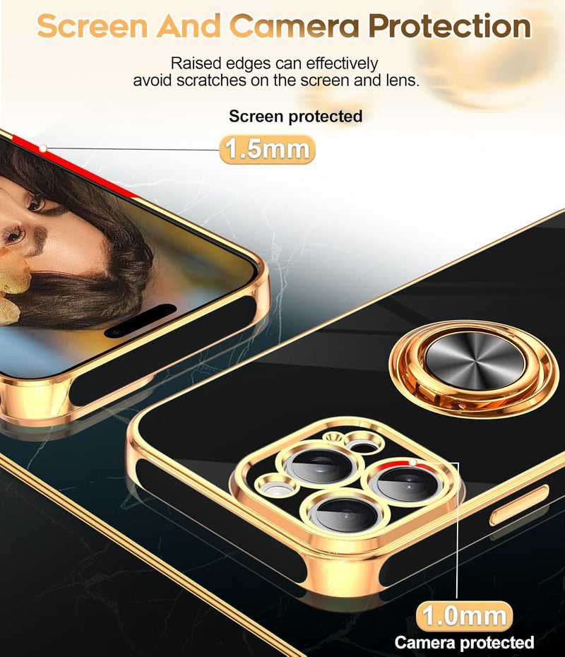 iPhone 16 Pro Phone Case 2 Pack Tempered Protector 360° Rotatable Ring Plating Rose Gold Edge Protective - Gorilla Cases