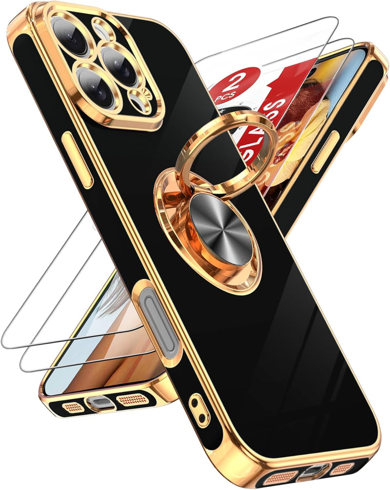 iPhone 16 Pro Phone Case 2 Pack Tempered Protector 360° Rotatable Ring Plating Rose Gold Edge Protective - Gorilla Cases