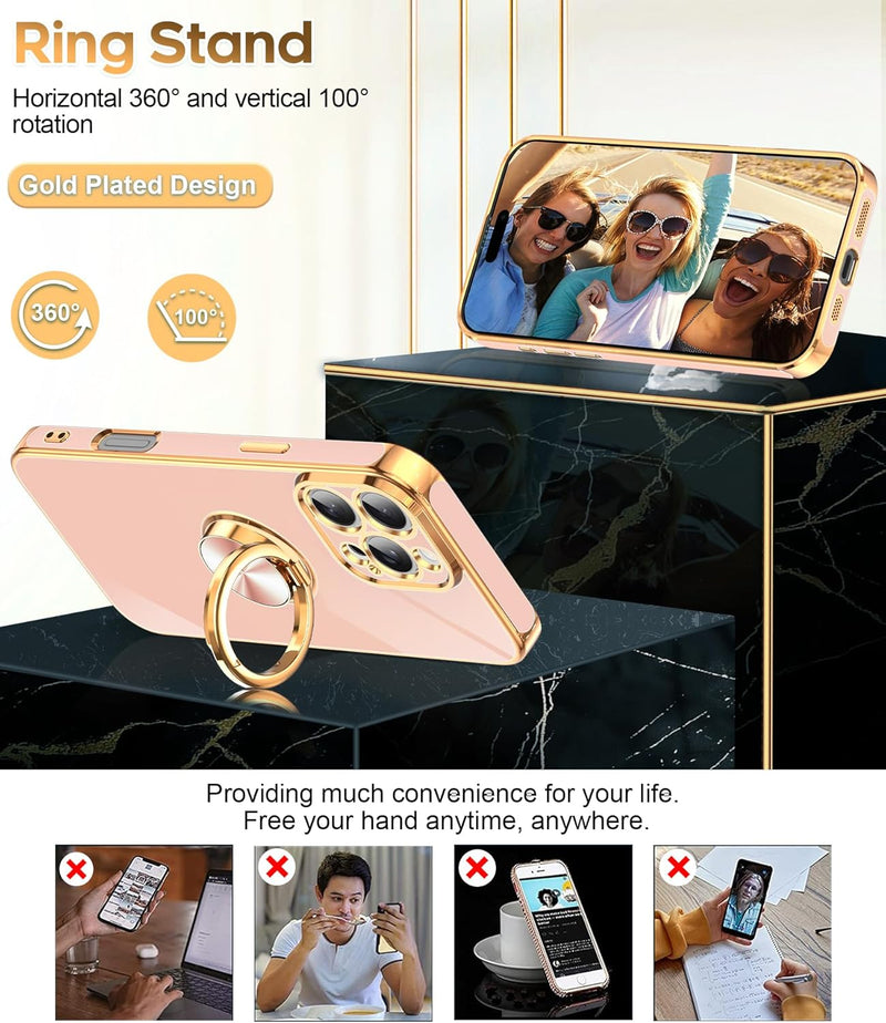 iPhone 16 Pro Phone Case 2 Pack Tempered Protector 360° Rotatable Ring Plating Rose Gold Edge Protective - Gorilla Cases