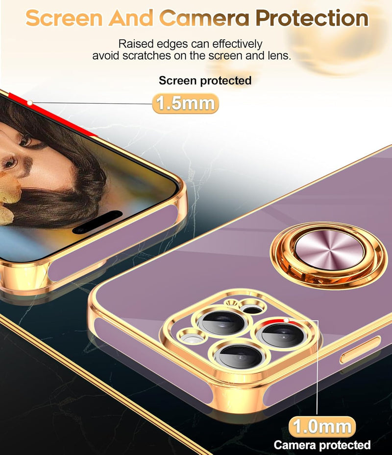 iPhone 16 Pro Phone Case 2 Pack Tempered Protector 360° Rotatable Ring Plating Rose Gold Edge Protective - Gorilla Cases