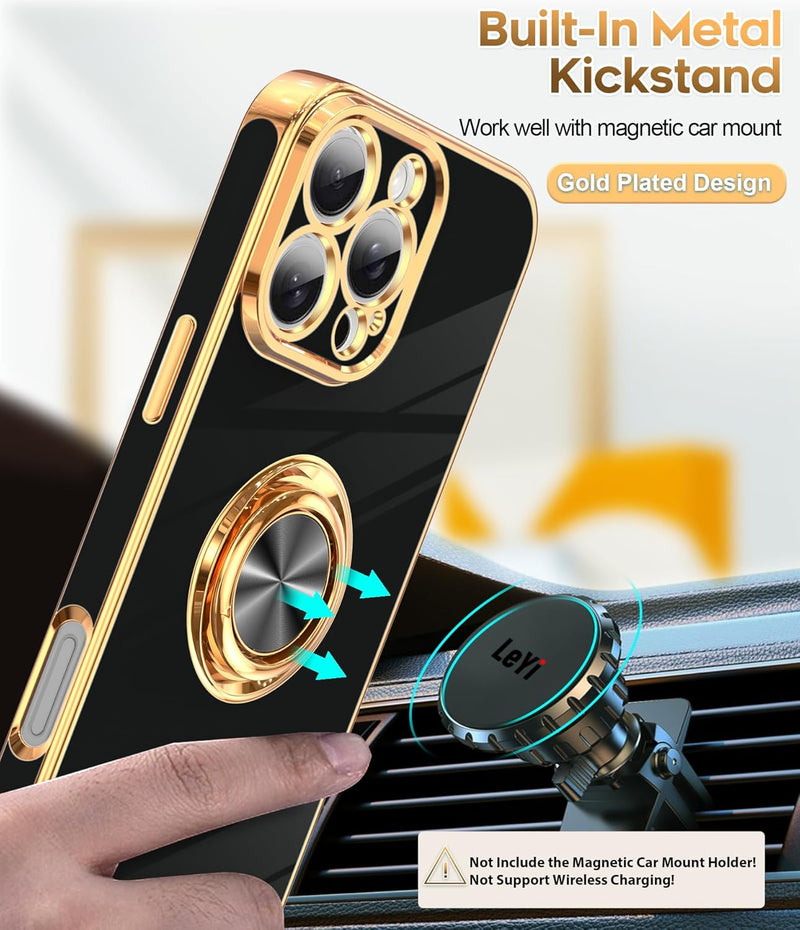 iPhone 16 Pro Phone Case 2 Pack Tempered Protector 360° Rotatable Ring Plating Rose Gold Edge Protective - Gorilla Cases