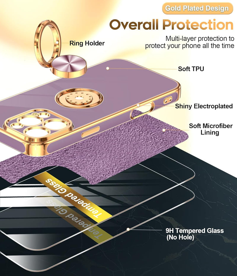 iPhone 16 Pro Phone Case 2 Pack Tempered Protector 360° Rotatable Ring Plating Rose Gold Edge Protective - Gorilla Cases